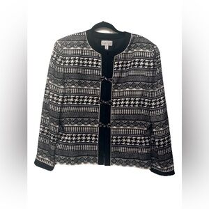 Adrianna Papell 100% Silk Black and White Geometric Patterned Blazer, Size 16